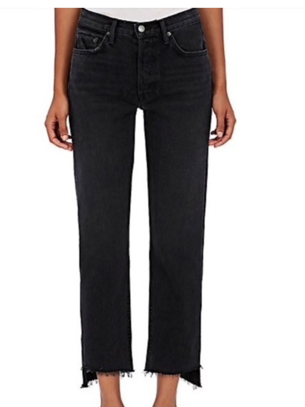GRLFRND “Helena” Wide Straight Raw Hem Button Fly Cropped Jeans in Blackhearts